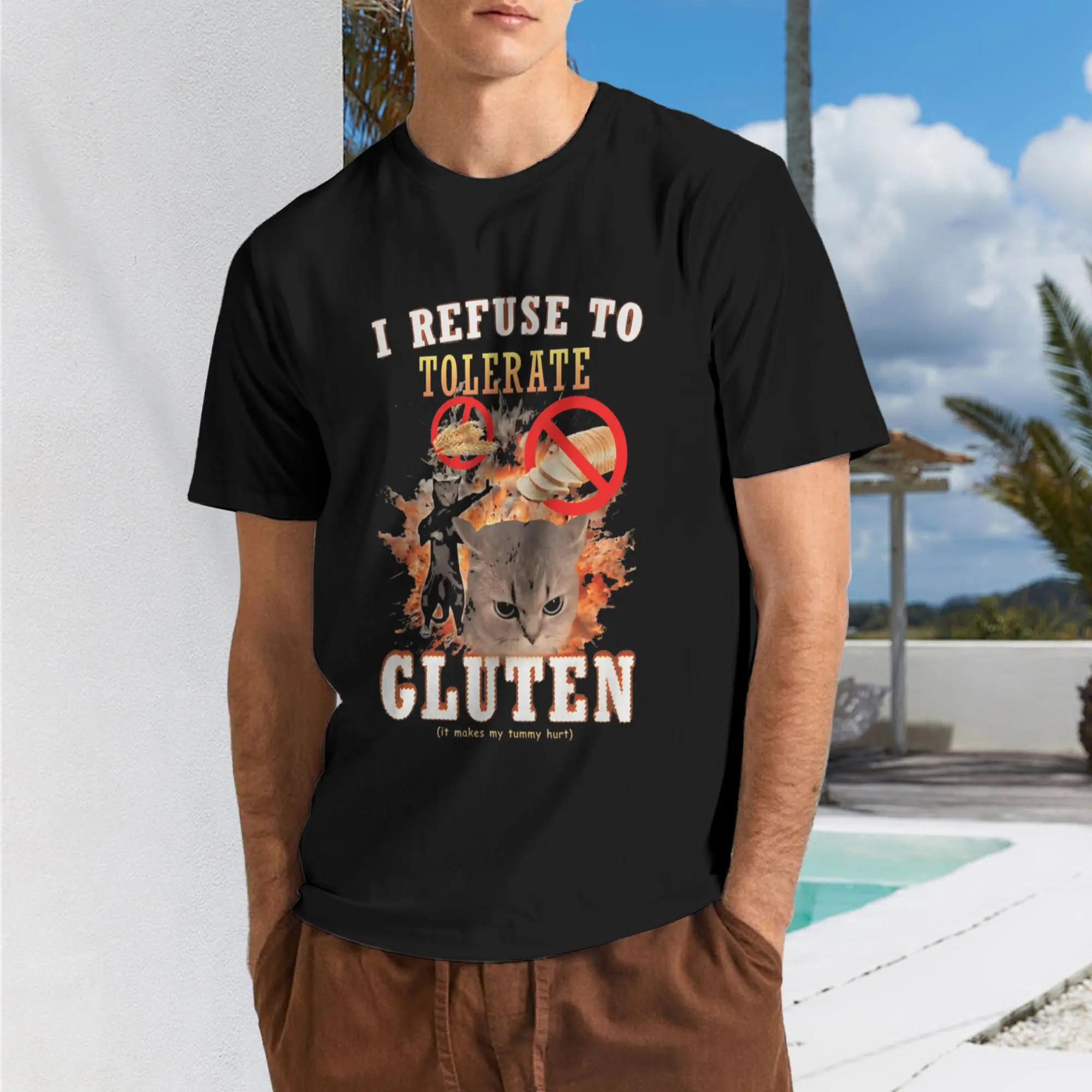 Loose Fit Cotton Tee I Refuse to Tolerate Gluten Funny Cat Meme T-Shirt