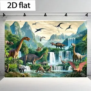 2D Flat 1PC Polyester Banner, Jurassic Dinosaur World Theme Design, Featuring Various Prehistoric Dinosaurs, Pterosaurs, Waterfall Jungle & Ancient Mountain Elements, Immersive Adventure Style, Indoor and Outdoor Use, Ideal for Boys Birthday Parties,