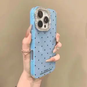 Ins 3 In 1 Super Sparkling Diamond Frame High-end Wave Point Jelly-color Phone case for iPhone 17 16 15 14 13 12 11 Pro Max Plus, Anti-fingerprint Cellphone Casing Shockproof