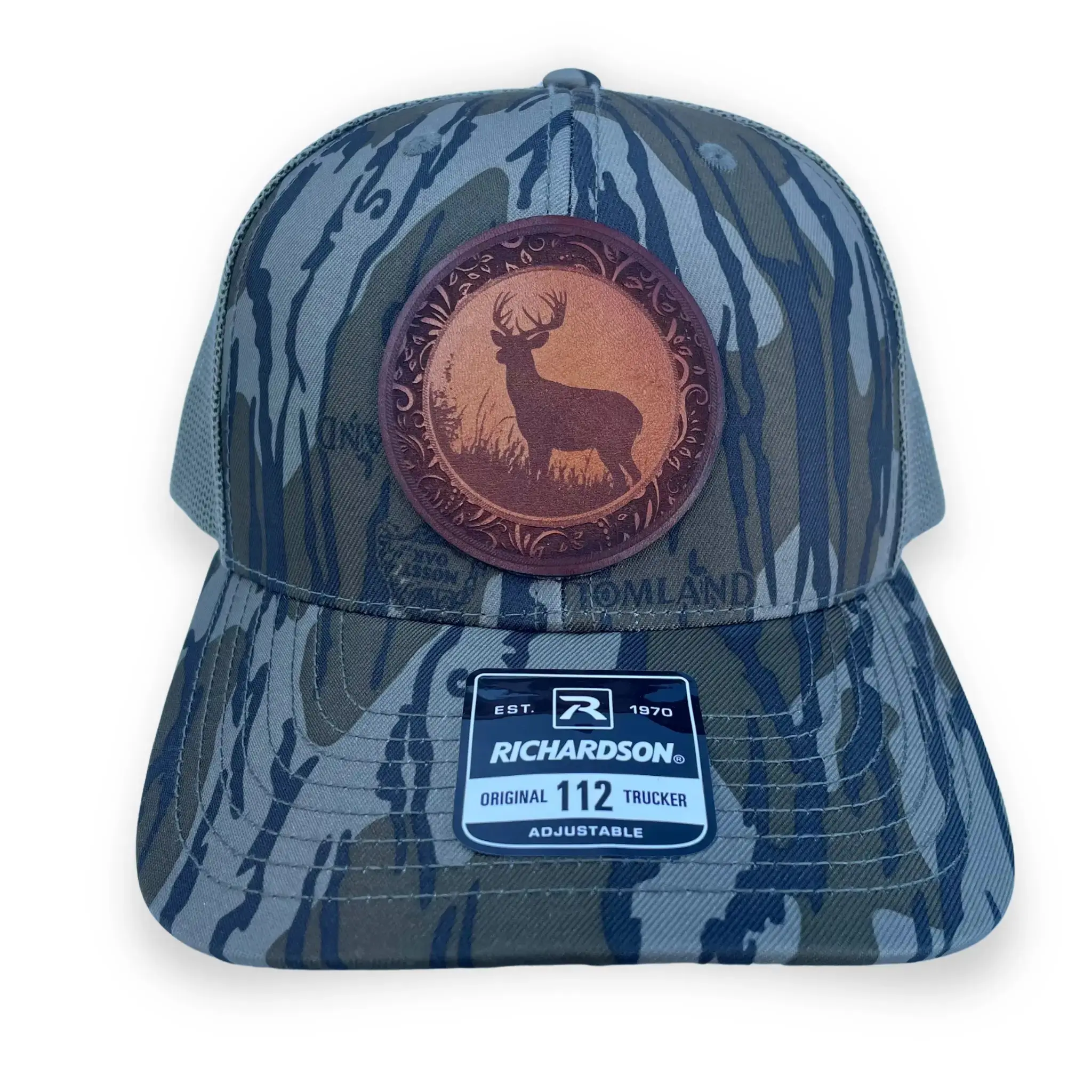 Mossy Oak Bottomland Camo Hat with Leather Whitetail Buck Patch