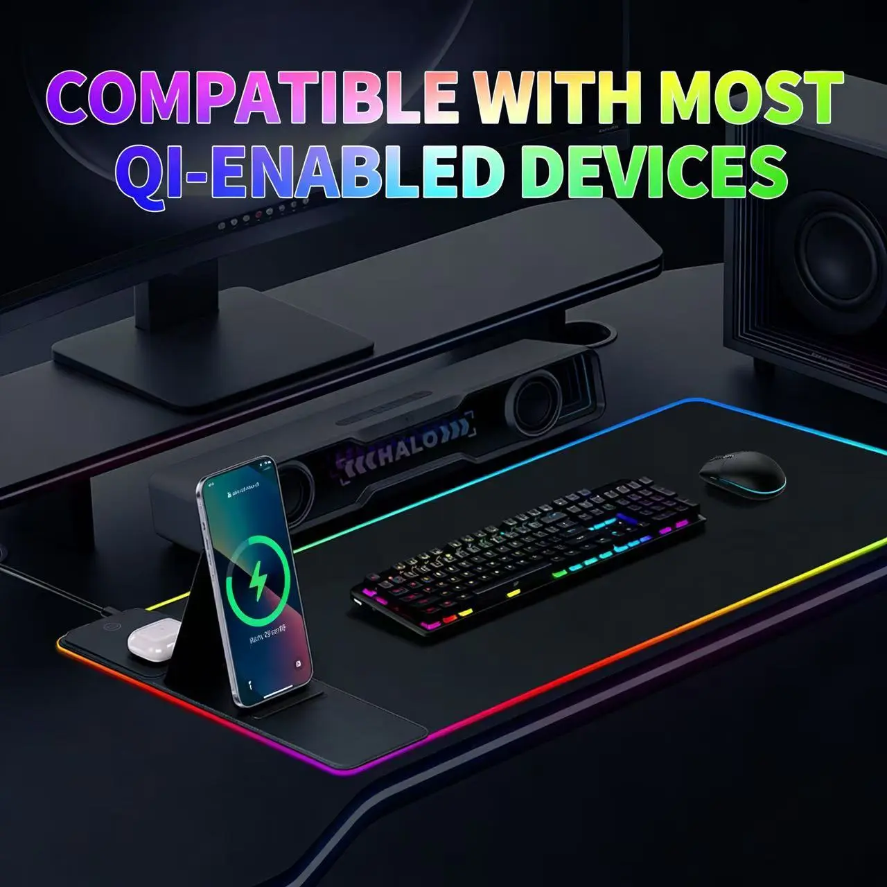 RGB Gaming Mouse Pad with Wireless Charging & PhoneStand, Large Extended LED Desk Mat with Fast Charging foriPhone & AirPods, Multiple Lighting Modes, Non-Slip RubberBase, Smooth Surface, Perfect for Gaming, Office andHome.