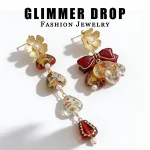 Asymmetric Amber Tassel Earrings | Retro Hong Kong Style Needle Earrings | Alloy Glass Pearl Tassel Dangle Earrings | Niche Minimalist Luxury Statement Jewelry | Lightweight Elegant Versatile Party Daily Wear Earrings