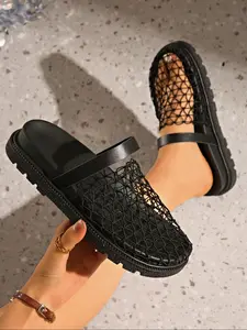 Women's Trendy Mesh Hollow Out Slides, Thick Platform Design for Height, Breathable Summer Footwear for Stylish Casual Looks, Mule Sandals