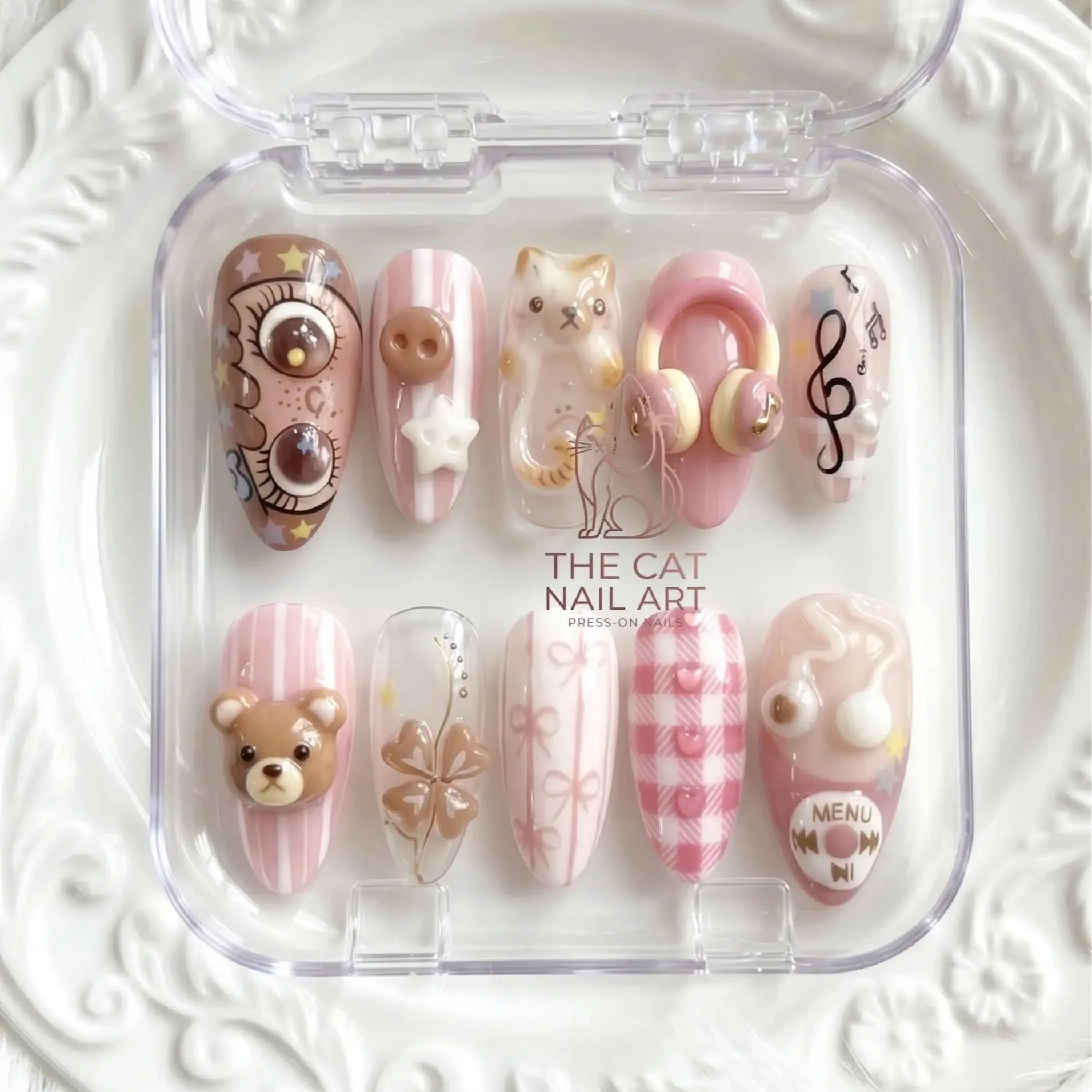 Y2K Gyaru Press On Nails: 3D Retro Headphones Anime Eyes Gingham Bear | Vacation Nails | Nail 2026 | Y2k | Cute