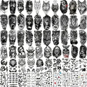 68 Sheets Large Half Arm Sleeve Temporary Tattoos - Realistic Tribal Designs, Water-Resistant, Easy to Apply, Long-Lasting - For Men and Women, Forearm, Halloween, Fake Tattoo Stickers, Adults, Black, Rose, Animals, Wolf, Tiger, Lion, Owl, Skull, Flower