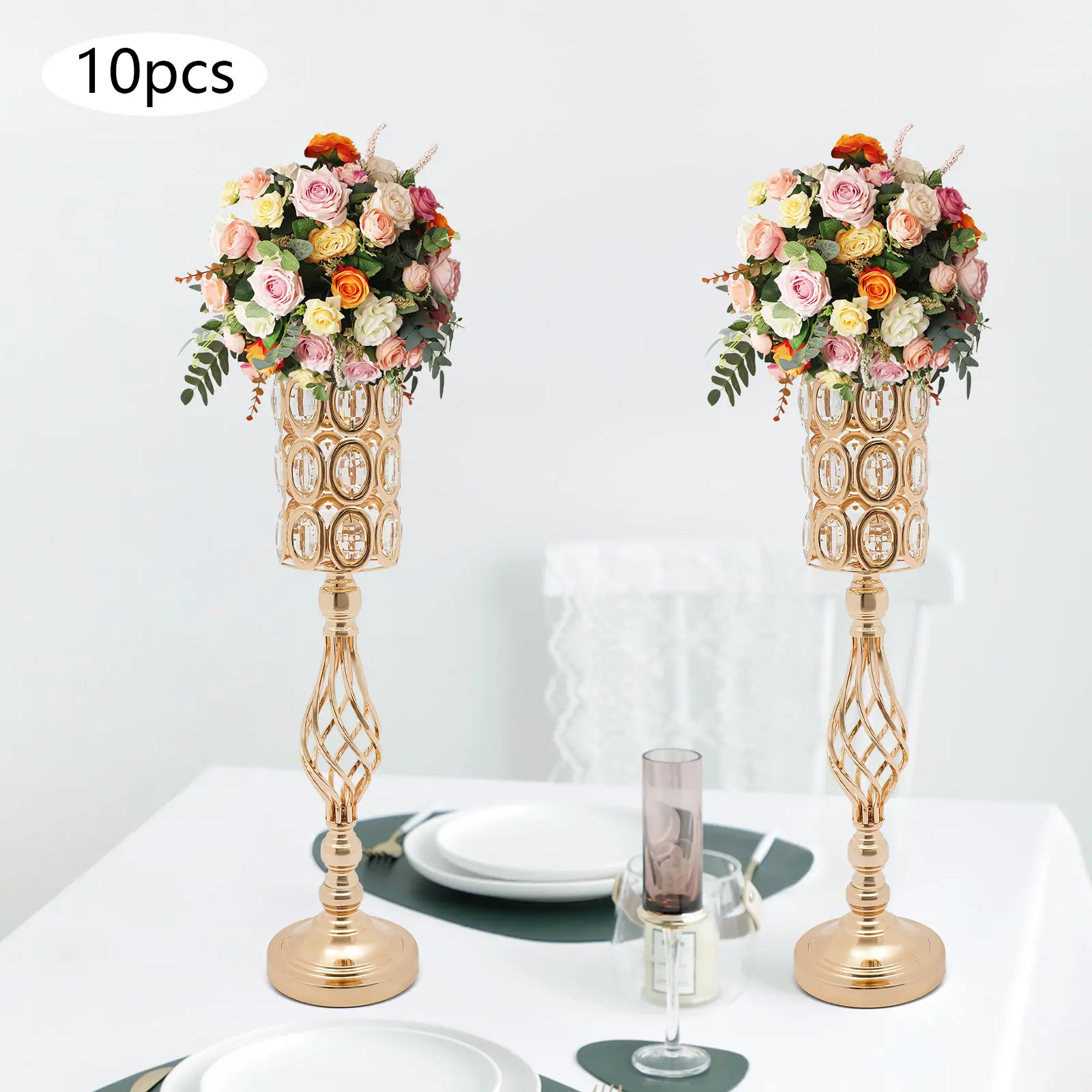 CNCEST 10-Piece Gold Crystal Hollow Vases - 24in Electroplated Iron Elegant Centerpieces, Durable Holders for Wedding Decorations, Valentine's Day, Artificial Rose Displays, Home Use, Elegant Centerpiece, Valentines Day