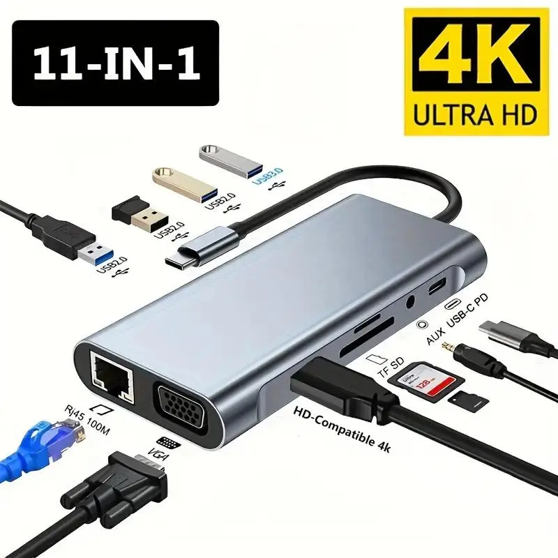 11 Ports USB-C Docking Station, USB Multiport Adapter, 4K HD VGA Video Output, PD Charging, USB3.0, Gigabit Ethernet, SD TF Card Reader, Fit for Laptop & Type-C Devices