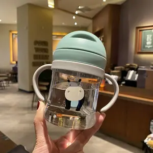Children's leak-proof straw cup, silicone drop-proof portable kettle, cartoon animal training water cup, 300ml infant learning drinking cup, kindergarten and primary school outdoor activity drinking bottle, children go out drinking cup