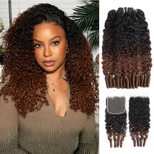 ALHER T1B/2/30 Ombre Burmese Curly Bundles with 4x4/5x5 Closure Human Hair, 15A Chestnut Brown 3c4a Deep Water Wave 3 Bundles with Spanish Spiral Curly Ends with 13x4 HD Lace Frontal Ear to Ear Sew In Weaves 