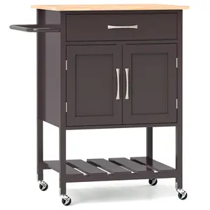 COSTWAY - Rolling Kitchen Island Cart with Drawer and Towel Rack-Brown