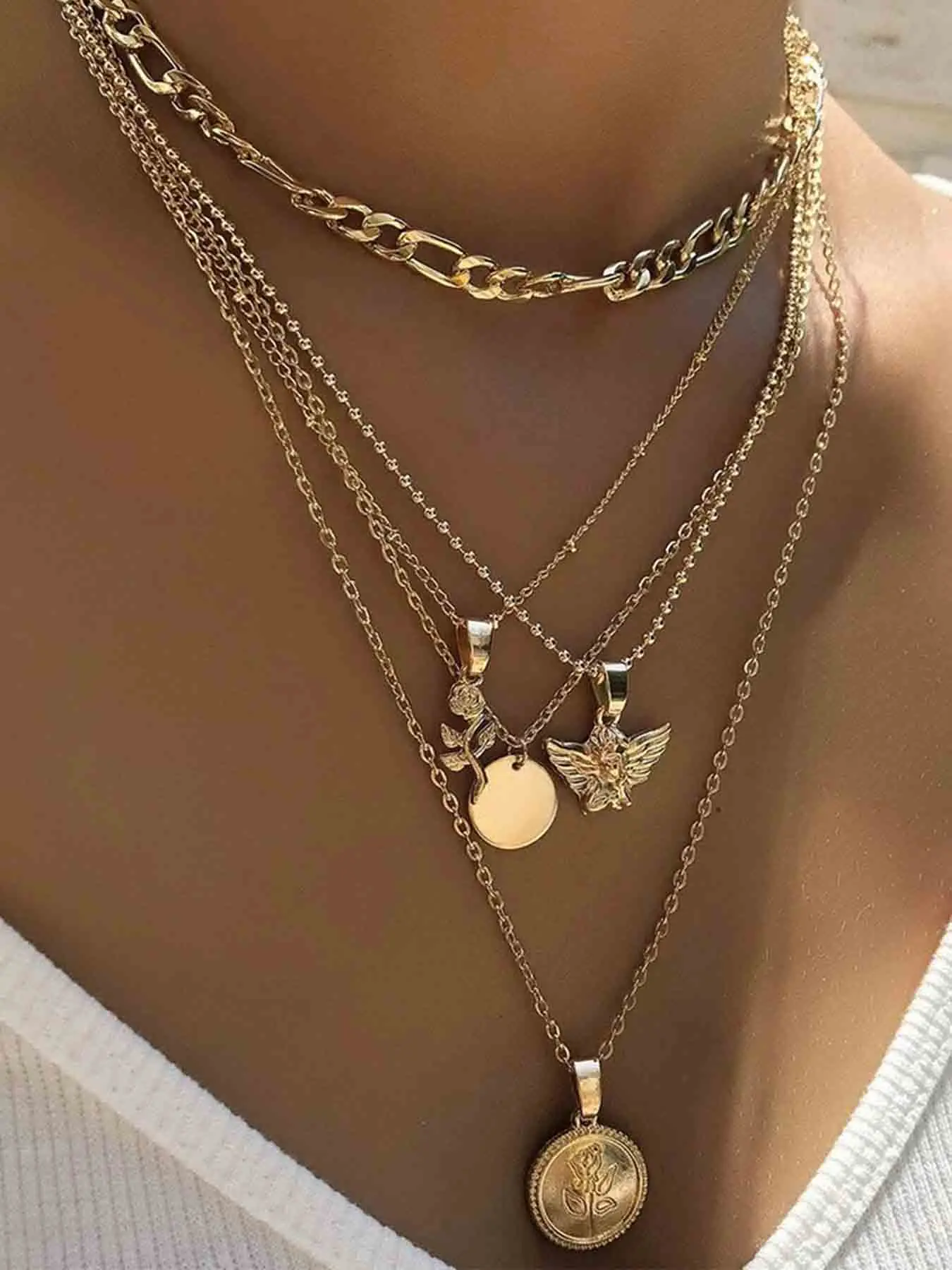 Women's Elegant Layered Necklaces, Fashion Flower & Angel Design Pendant Necklace, Alloy Necklace, Casual Jewelry for Party, Daily Clothing Decor, Trendy All-match & Exquisite Jewelry for Gift, Daily Wear Necklace, Fashionable Accessories