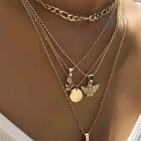 Punk Style Multi-Layer Necklace for Women, Vintage Rose Flower Angel Pendant Choker, Angel and Floral Charm Necklace, All Seasons Wear