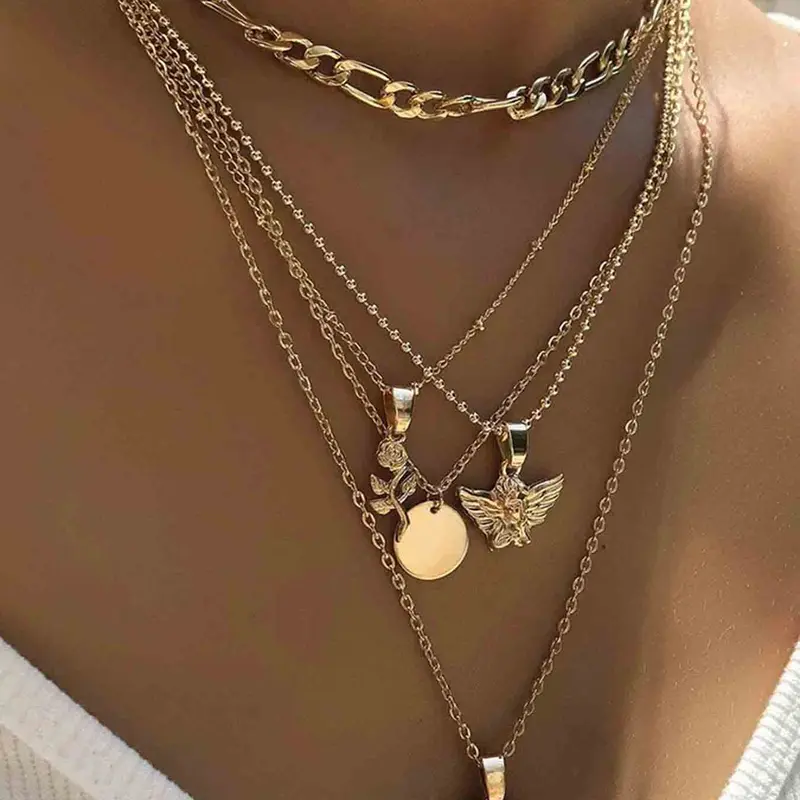 Punk Style Multi-Layer Necklace for Women, Vintage Rose Flower Angel Pendant Choker, Angel and Floral Charm Necklace, All Seasons Wear