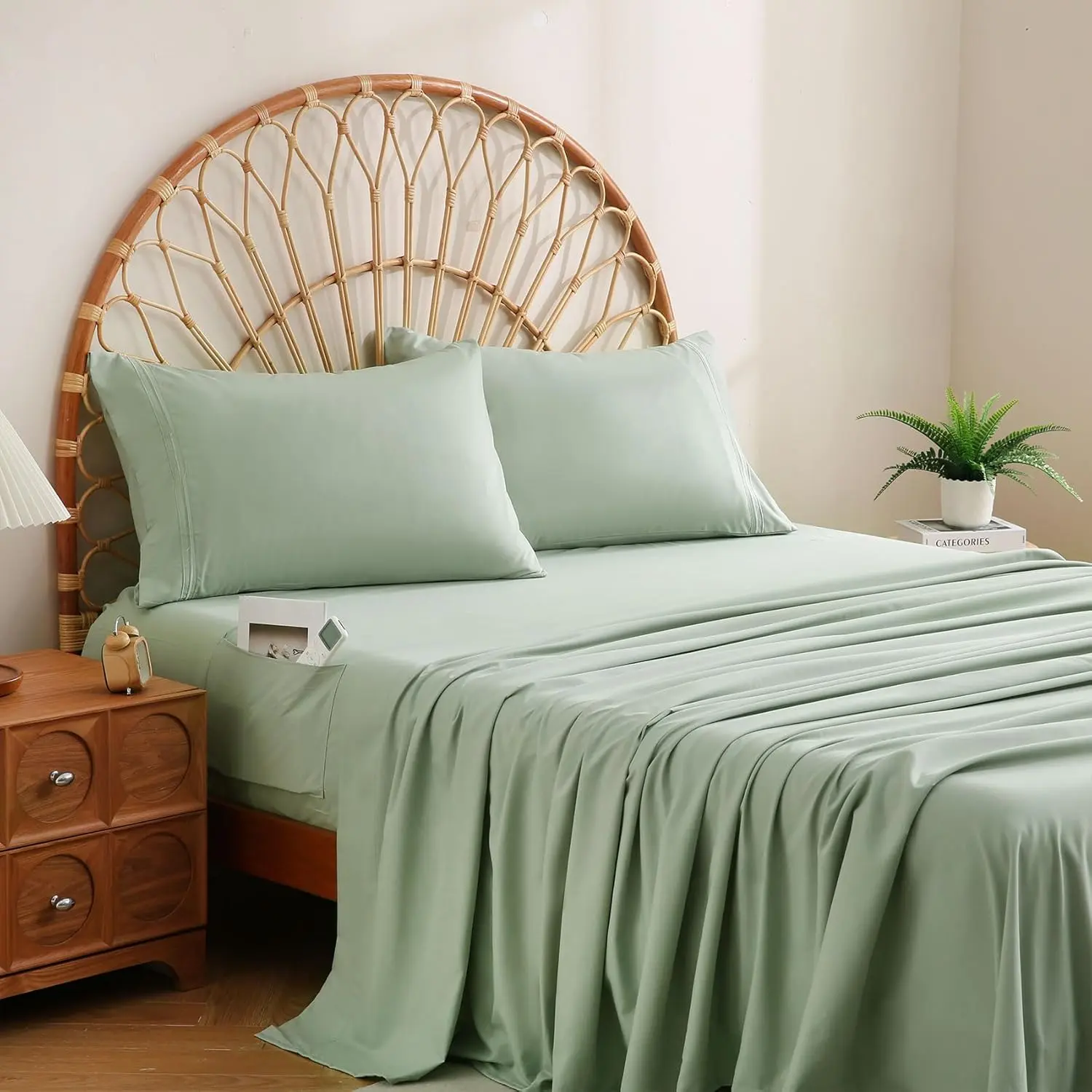 Sage Green Sheet Set  Size, 3 count Microfiber Sheets with Side Pocket Corner Straps, Extra Deep Pocket Fitted Sheet