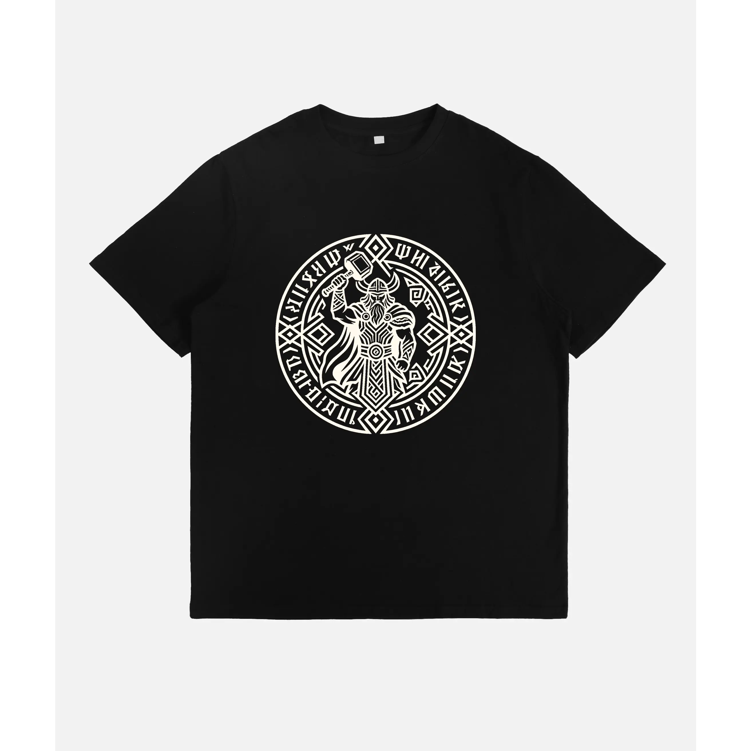 Men's Fitted Classic Casual Cotton Round Neck Short-Sleeve T-Shirt - Soft Viking Norse Mythology God Graphic, Thor Hammer Mjolnir Rune Circle Menswear Top for Outdoors, Unisex Style with Vibrant Print