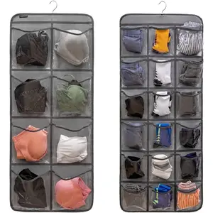 Dual-Sided Hanging Closet Organizer with 26 Pockets (Grey-Clear Pockets), Ideal for Storing Socks Underwear Bra Baby Clothes Toddler Shoes for Kids Closet Storage