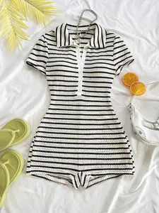 Women's Striped Short Sleeve Fitted Romper, Casual Summer, Comfortable and Stylish, Perfect for Everyday Wear, Trendy Ladies' Clothing, Fashion