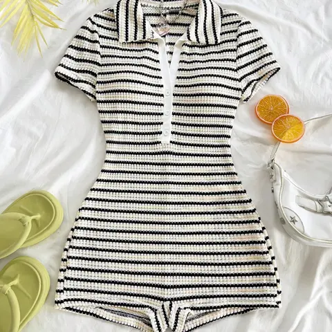 Women's Fashion Comfortable Stylish Striped Short Sleeve Fitted Romper, Casual Summer Comfortable Everyday Daily Wear Pant Rompers