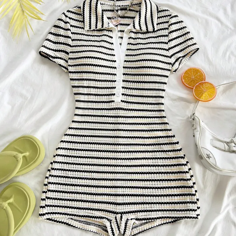 Women's Fashion Comfortable Stylish Striped Short Sleeve Fitted Romper, Casual Summer Comfortable Everyday Daily Wear Pant Rompers