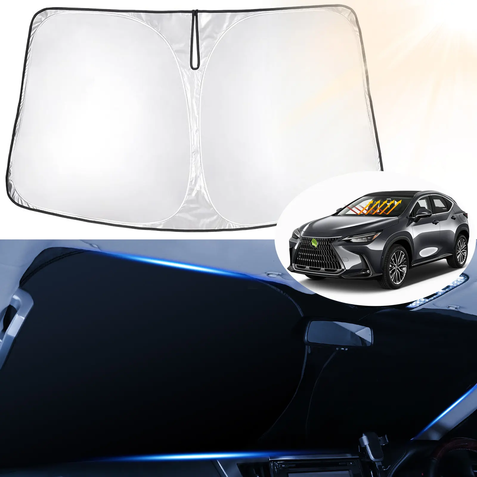 Canvcle Custom Fit Outside Car Sun Shade for Lexus NX (200t/250/300/300h/350/350h/450h+, 2015-2026), 240t Reflective Polyester Thermal Shield, UV Protective, Double Layers, Easy Installation & Storage Foldable Windshield Cover, Car Sun Shades Outside Car