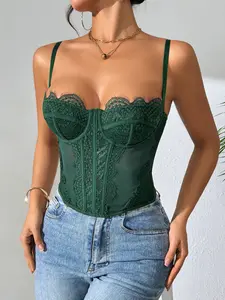 Green Lace Corset Tops Women Y2K Sweetheart Neck Cami Spaghetti Strap Underwire Boned Crop Tops For Women Cute Tops Going Out Night Out Spring Summer Coquette Romantic Girly
