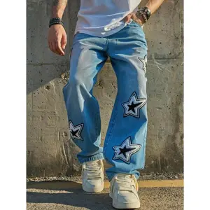 Men's Star Pattern Jeans, Loose Casual Comfy Denim Pants for Spring & Fall, Fashion Men's Bottoms for Daily Wear