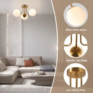 Modern Art Three-Arm Chandelier, Plastic Globe Shade, Adjustable Arm Direction, Iron Body, E27 Socket, Indoor Home Decor