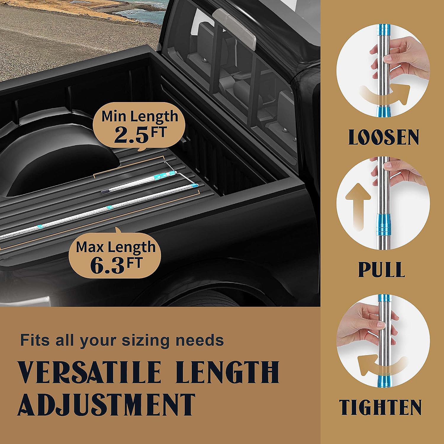 6.3 Ft Cargo Grabber Reach Retriever Tool - Upgraded Extendable Pickup Truck Bed Accessories, Multi-Use Truck Bed Reach Tool - 2 Hooks