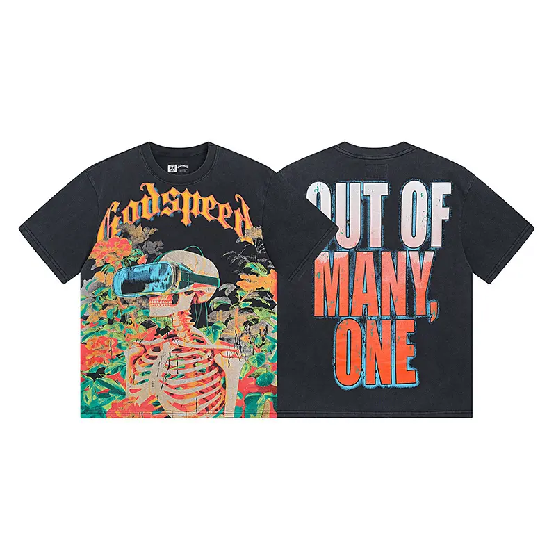 Y2K Unisex GODSPEED Heavyweight Washed Black Graphic Tee Vintage Floral Skeleton Oversized Streetwear T-Shirt