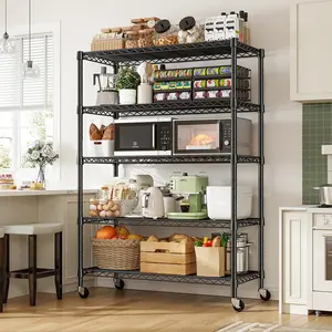 Raybee 5-6 Tier Metal Shelving Unit, Heavy Duty Shelving Organizer, Adjustable Wire Shelf with Wheels, Rolling Metal Storage Shelves for Garage Pantry Basement