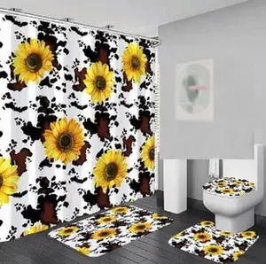 Sunflower Cow Print Bathroom Decor Set, 1 Set Including Shower Curtain, Toilet U-Shaped Mat & Rectangular Mat, Bathroom Accessories