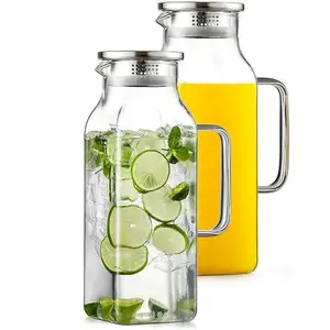 2-piece Set 2L/68oz Small Square Glass Jug With Lid And Handle, Suitable For Refrigerator, Iced Tea And Coffee Water Bottle Storage Containers, Heat And Cold Resistant Borosilicate Water Jug