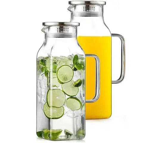 Airtight Borosilicate Glass Beverage Pitchers 2-Piece Set - 2L/68oz Square Carafes with Lids, Handles, Heat/Cold Resistance, Heat-Safe Glass, Refrigerator-Safe, Durable Coffee & Water Jugs, 2-Jug Convenience for Camping Hiking, Home Use