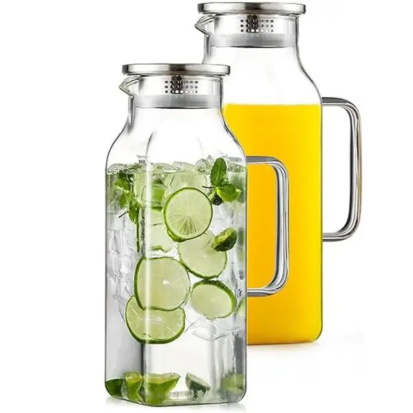 Airtight Borosilicate Glass Beverage Pitchers 2-Piece Set - 2L/68oz Square Carafes with Lids, Handles, Heat/Cold Resistance, Heat-Safe Glass, Refrigerator-Safe, Durable Coffee & Water Jugs, 2-Jug Convenience for Camping Hiking, Home Use
