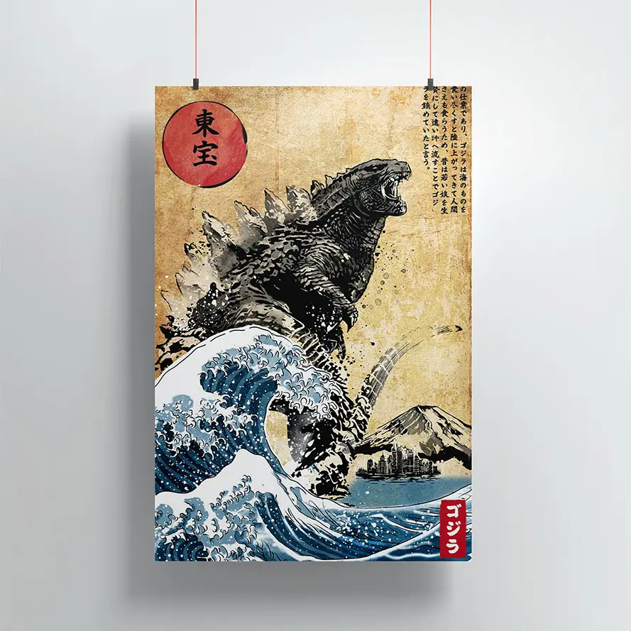 Godzilla Rug, Hokusai Inspired Doormat, Nostalgic Rug, Gamer Rug, Godzilla Legends Rug, Japan Art, Retro Rug, Hokusai Rug, Living Room Rug