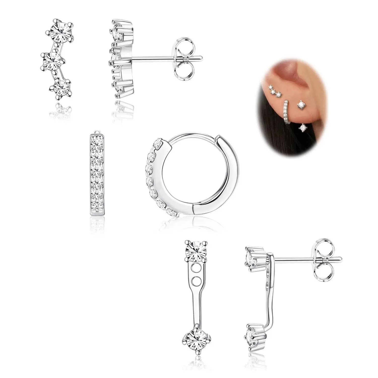 FIASASO 3 Pairs 925 Sterling Silver Hypoallergenic Earrings Set for Multiple Piercing Dainty Stud Huggie Small Hoop Earrings for Women Trendy Cute Earring Stacks for Sensitive Ears, Classic Style Earrings, Hoop Earring Sets