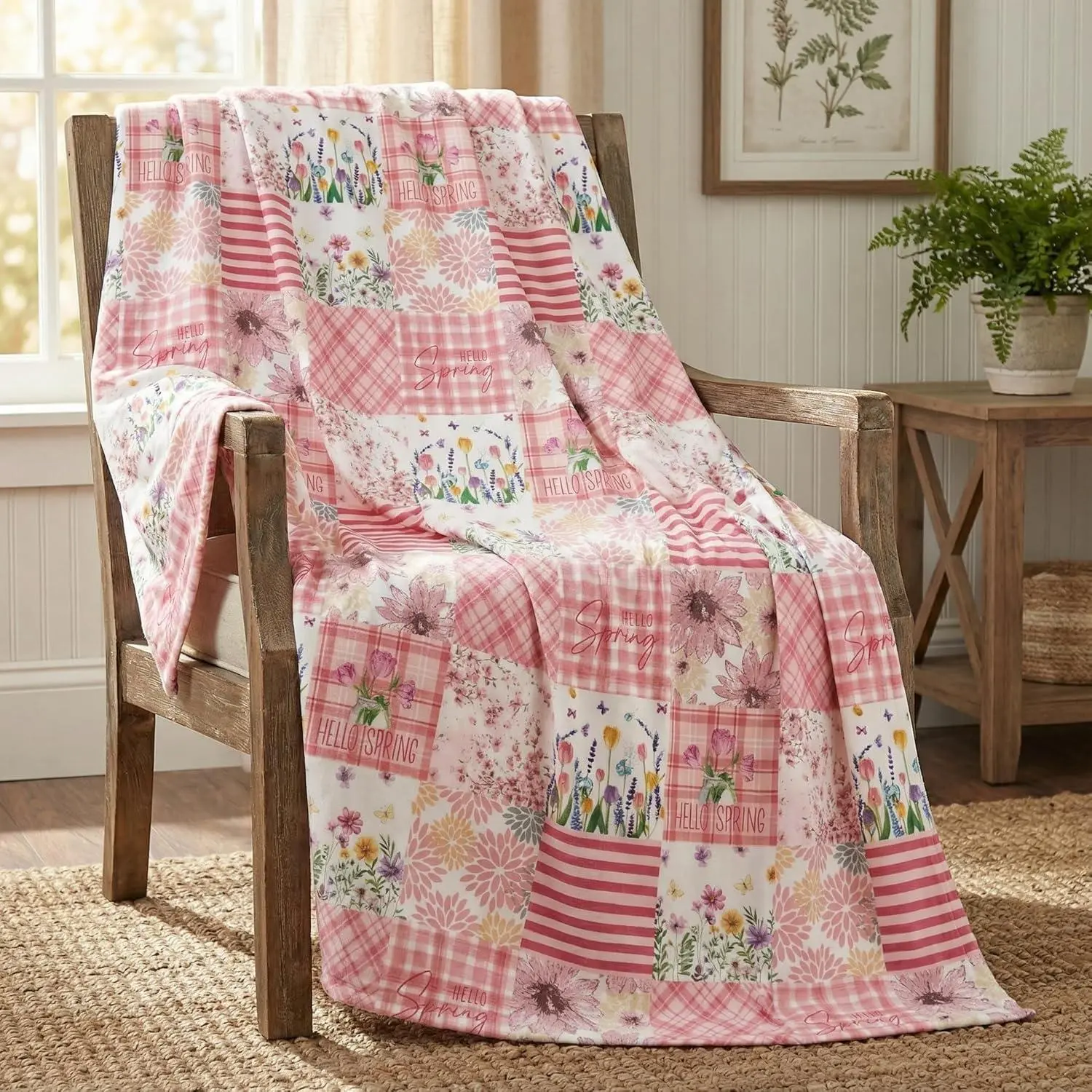 Flannel Blanket | Spring Summer Flannel Blanket Throw, Pink Flowers Patchwork Soft Fuzzy Plush Cozy Flannel Blankets For Couch Sofa Bed Lounging, Ideal Gifts For Kids Adults Self | Gift Blanket / All Season
