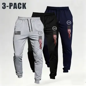 Men's 1776 American Flag Print Casual Pants, Spring Autumn Drawstring Straight Leg Sweatpants, Breathable Outdoor Sports Track Pants, Fitted Casual Bottoms