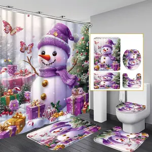 1PC/4PCS 2D Flat Printing Merry Christmas Purple Snowman Gifts Patterned shower curtain, home bathroom decor, shower curtain set with 12 hooks, non-slip bathroom rug, U-shaped toilet seat cover, toilet seat mat.