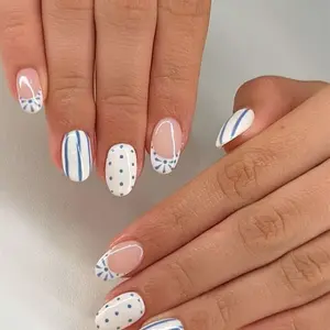 24pcs Blue French Dot Line Nails, Short Oval Press-On Nail Tips, Medium Size, Acrylic Material, Gel Glue & File Included