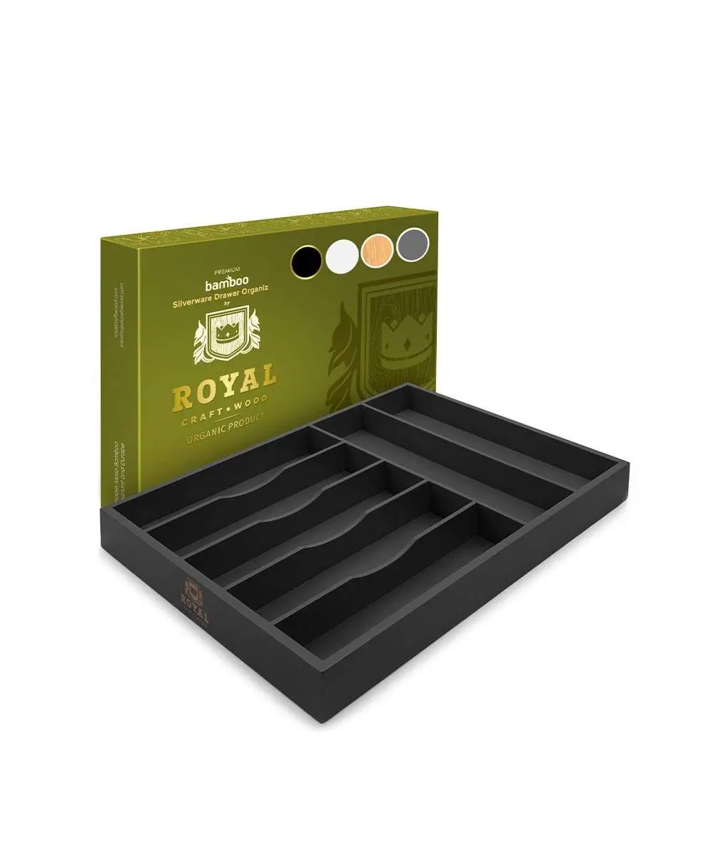 Silverware Organizer 7 Slot (Black) - Kitchen Drawer Organizer, Bamboo Utensil Holder, Flatware Caddy & Cutlery Tray with Dividers - Royal Craft Wood