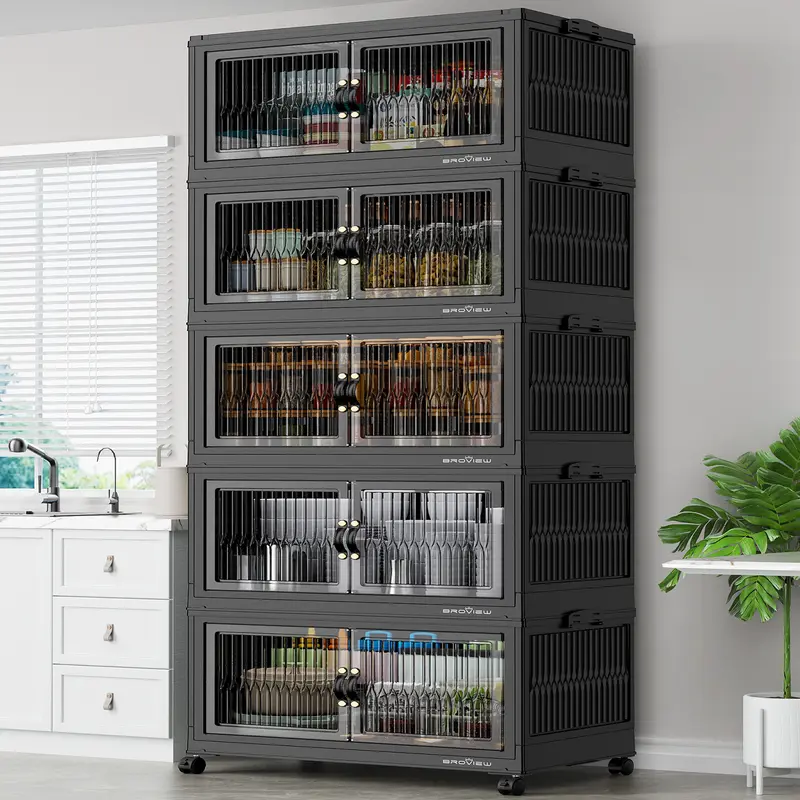 Broview V8 Shatter-Resistant Stackable Storage Bins with Lids & Wheels - 360Qt/480Qt/600Qt Extra Large Collapsible Multifunctional Organizer, 2x Anti-Tipping Folding Plastic Units for Kitchen Pantry, Stackable Pantry Storage & Organization System