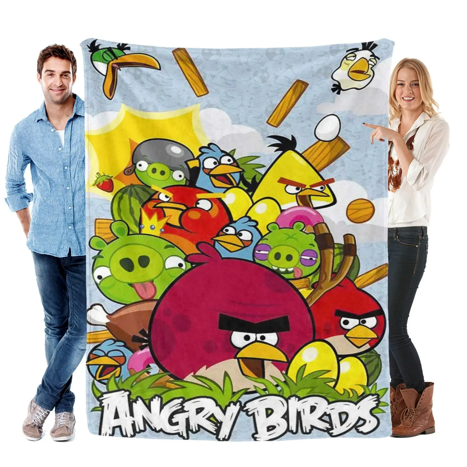 Classic Angry Birds Character Collage Print Flannel Fabric Blanket - Warm Lightweight Multi-Size Bed Throw for Retro Game Lovers, Whimsical Home Decor for Indoor Use