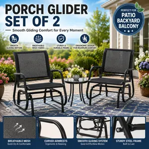 Porch Glider Set of 2 Metal Frame Swing Glider Chairs with Breathable Mesh Fabric Curved Armrests Patio Rocking Chair Set Furniture for Garden Poolside Backyard Balcony Outside Seating Black