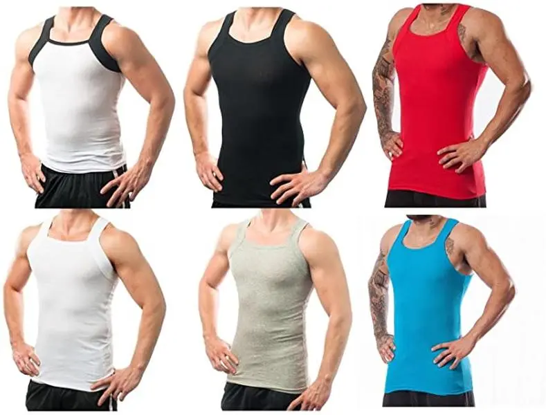 Men's Simple Round Neck Tank Tops - Ribbed Sleeveless Cotton-Spandex Fabric Menswear Undershirts, G-Unit Style Square Cut, Strap Design, 6-Pack Assorted Colors, for Sports, Sweat-Wicking Use