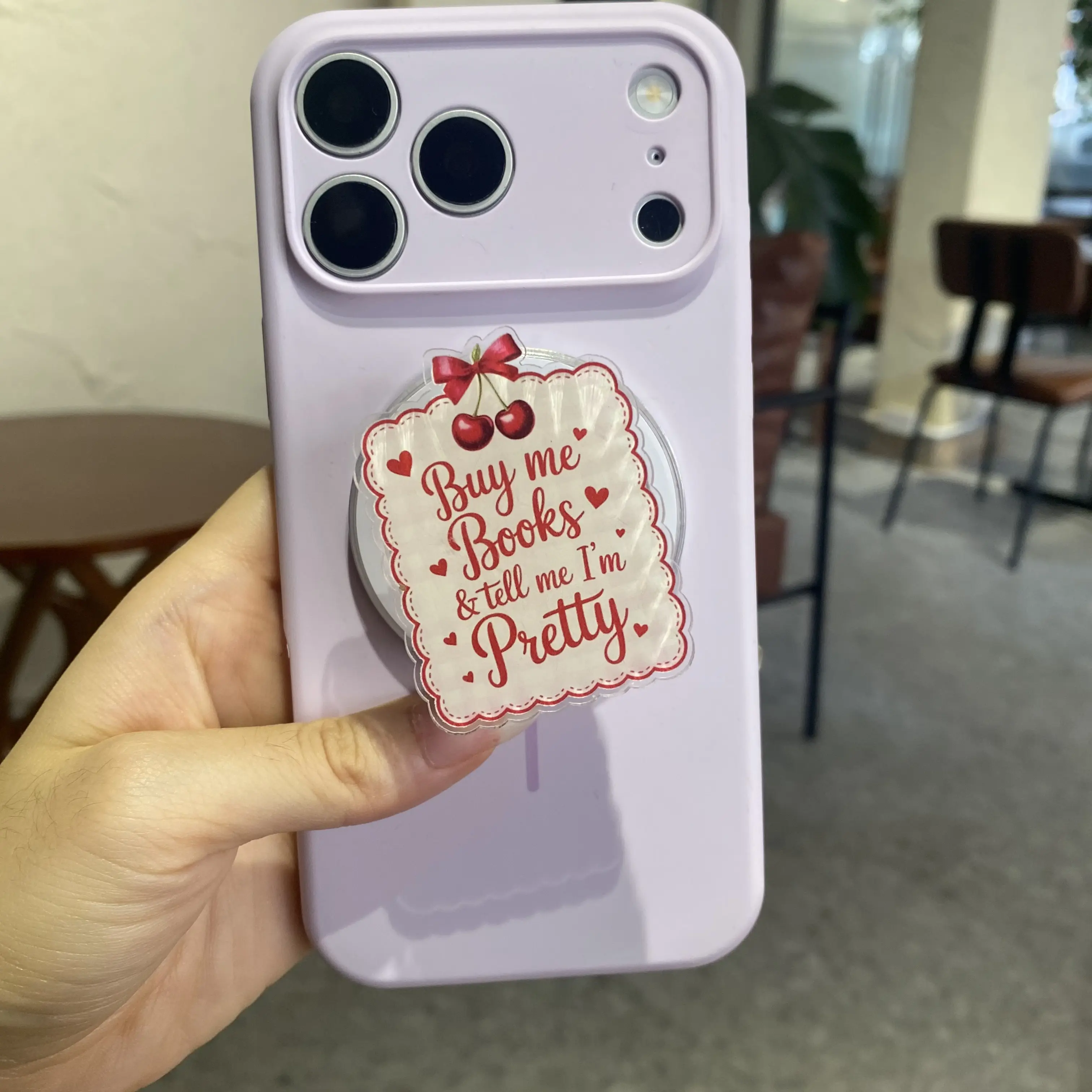 Cherry Bow Book Lover Magnetic Phone Grip - “Buy Me Books & Tell Me I’m Pretty” Acrylic Phone Holder & Kickstand - Cute Reader Gift