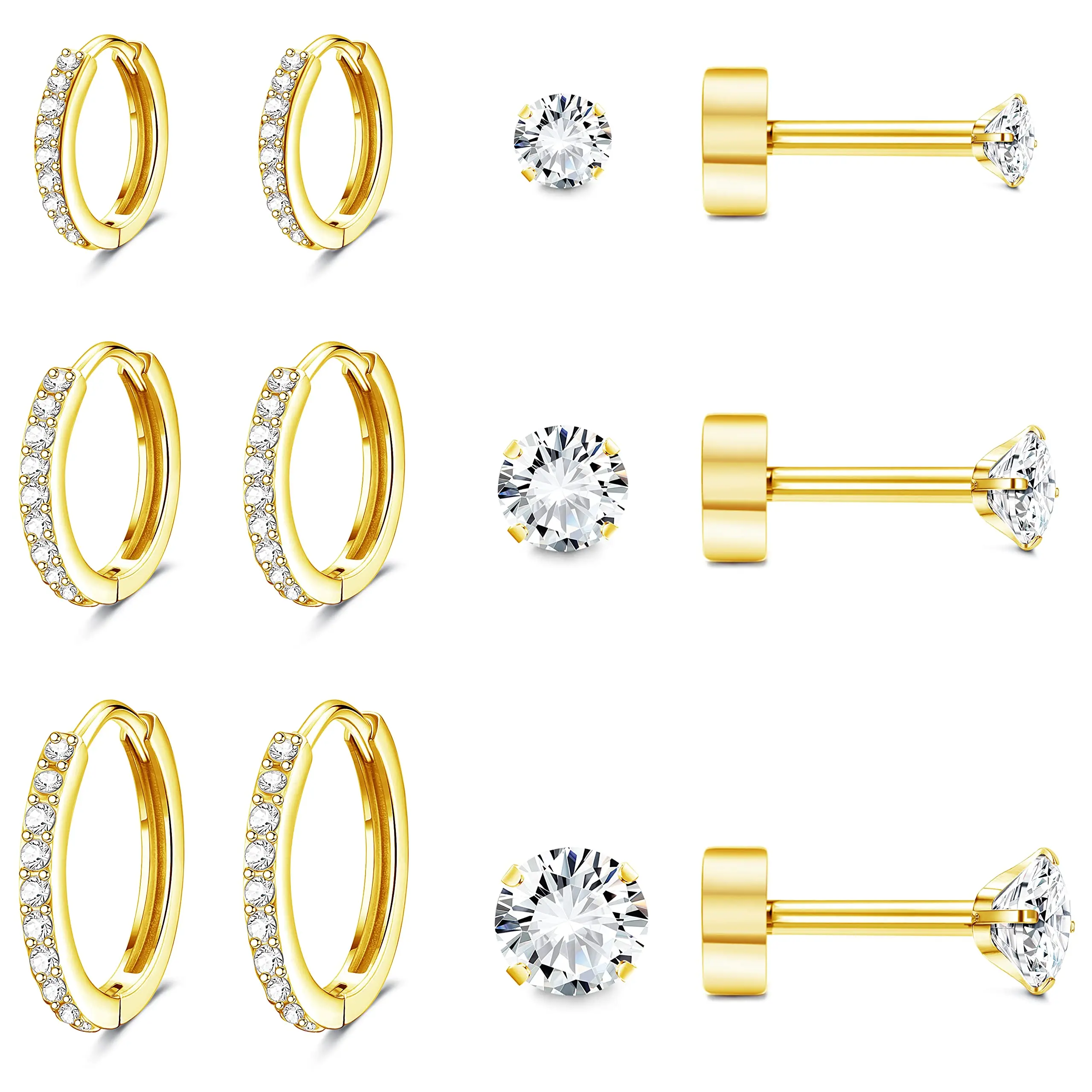 Hypoallergenic Flat Back Earrings Cartilage Earring Sets for Multiple Piercing Surgical Stainless Steel Earrings for Women Men Small Huggie Hoop Flatback Stud Earrings