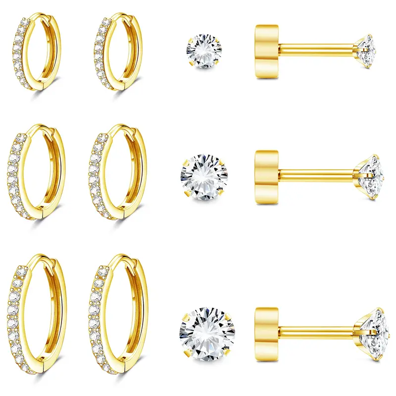 Hypoallergenic Flat Back Earrings Cartilage Earring Sets for Multiple Piercing Surgical Stainless Steel Earrings for Women Men Small Huggie Hoop Flatback Stud Earrings