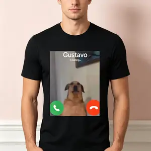 "Gustavo The Dog Is Calling" Graphic T-Shirt - Funny Meme Gen Z Alpha Brainrot Statement Top - Viral Internet Culture Humor Aesthetic Apparel - Comfortable Short Sleeve Graphic Shirt - Unique Professional Detail Crew Neck Tee