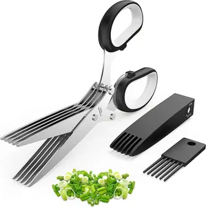 Herb Scissors with 5 Blades With Safety Cover and Cleaning Comb – Stainless Steel Shears for Fast Herb Cutting Kitchen Set, Rubber Padded Handles